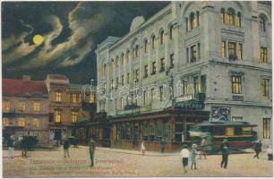 1913 Temesvár Timisoara; Belváros, Szent György tér, Gresham palota, Belvárosi kávéház, villamos, este / square, cafe, tram, night