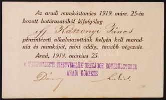 1919 Aradi munkástanács által kiállított igazolvány