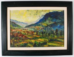 Olvashatatlan jelzéssel: Pirkadat a völgyben. Olaj, karton, keretben, 34×49 cm
