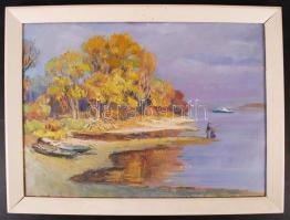 Oszoli Piroska: Pecázó. Olaj, vászon, jelzés nélkül, keretben, 50×70 cm