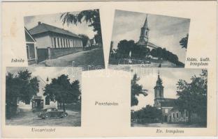 Pusztavám, Iskola, autó, evangélikus és római katolikus templom (Rb)