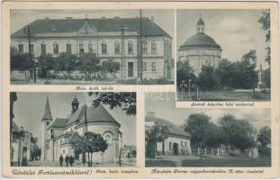 Fertőszentmiklós, Szereti kápolna, Hősi szobor, Ábrahám Ferencz vegyeskereskedése, Római katolikus iskola és templom (EK)