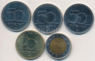 2003. 20Ft "Deák" + 2004,2006,2007. 50Ft (3xklf) + 2002. 100Ft "Kossuth" T:2