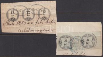 1858, 1861 3 x 12kr + 2 x 25kr okmánybélyegek 2 kivágáson
