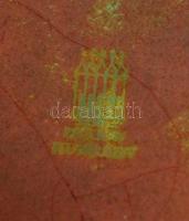 Zsolnay eozin mázas plakett, jelzett, hibátlan, "Pécsi Állami Gazdaság" felirattal, d:9 cm