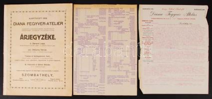Diana Fegyver-Atelier vadászati, luxus-fegyverek, töltények és mindennemű vadászati felszerelések árjegyzéke. Szombathely, 1925. Rengeteg képpel. Hozzá egy nyomtatott és 2 géppel írt árjegyzék.