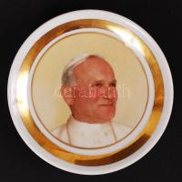 Hollóházi II. János Pál pápa arcképes tálka, jelzett, hibátlan, matricás, d:7,5 cm