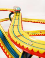 Lemezárugyár hullámvasút, fém lemez, eredeti dobozában, leírással, 30×56 cm