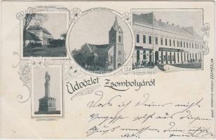 Zsombolya, Szolgabírói Hivatal, Gróf Csekonics palotája, Petrovics Nándor üzlete és kiadása / court, palace, shop Art Nouveau