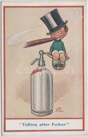 'Taking after father' Smoking little boy with soda bottle, B.K.W.I. Nr. 257-5. s: Mabel Lucie Attwell