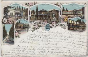 Buziás, József és Mihály forrás, Gyógyterem, Meleg fürdő, bazár / spring, spa, bazaar Art Nouveau litho (kis szakadás / small tear)