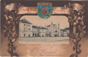 Pécs, Vasútállomás, címer; Domján papírkereskedő kiadása / coat of arms, litho (fa)