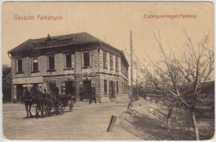 Párkány, Takarékpénztár, Nagy és Szabó üzlete és Steiner Mór üzlete, Preisz Rezső kiadása / savings bank, shops, horse cart (fa)