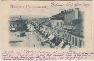 1899 Kolozsvár, Fő tér, Unio utca, Kiss Ernő üzlete, villamos / square, street, shop, tram (EB)