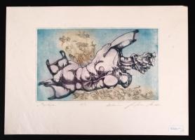 Kolozsvári Grandpierre Miklós (1950-): Fogfájás. Színezett rézkarc, 15/9, papír, jelzett, 15×25 cm