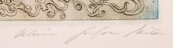 Kolozsvári Grandpierre Miklós (1950-): Fogfájás. Színezett rézkarc, 15/9, papír, jelzett, 15×25 cm