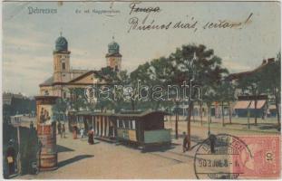Debrecen, Evangélikus református Nagytemplom, villamos, kiadja Mihály Sámuel (EK)