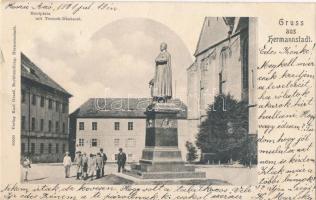 Nagyszeben, Hermannstadt; Huetplatz, Teutschdenkmal; Verlag Karl Graef / Huet square (small tear)