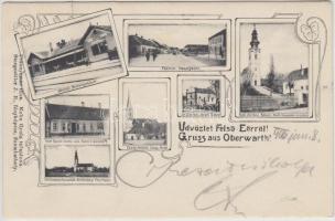 Felsőőr, Fő utca, Evangélikus templom és katolikus templom, katolikus iskola, Kohn Gyula üzlete, Református templom és paplak, vasútállomás, zsinagóga, Kohn Gyula kiadása / street, churches, school, rectory, railway station, synagogue, Art Nouveau
