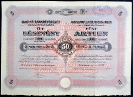 Budapest 1926. "Magyar Bankegyesület Részvénytársaság" részvénye 50P-ről, szelvényekkel, felülbélyegzéssel és szárazpecséttel T:III