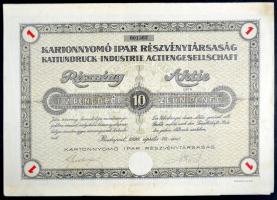 Budapest 1926. "Kartonnyomó Ipar Részvénytársaság" részvénye 10P-ről, szelvényekkel és szárazpecséttel T:II-,III