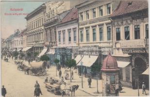 Kolozsvár, Mátyás király tér, Stiff és társa papíros áruház, Iparbank Rt., Püspöky Miklós harisnyakötödéje, Feichtinger J. vegyészeti tisztító, Mozgófénykép színház, Magyar királyi államvasútak szállító intézete, Reisinger József mérnök üzlete / square, cinema, shops (EK)