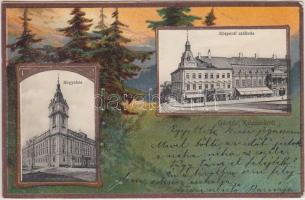 Kolozsvár, Megyeháza, Központi szálloda, fenyők, kiadja Schuster Emil / county hall, hotel, pine trees litho (EK)