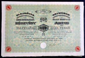 Győr 1927. "Olajművek Részvénytársaság" részvénye 10P-ről, szelvényekkel és szárazpecséttel T:II