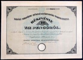 Nagykanizsa 1926. "Király Sörfőzde Részvénytársaság" részvénye 10P-ről, szelvényekkel és szárazpecséttel T:II
