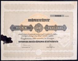 Nagykanizsa 1926. "Transdanubia Egyesült Gőzmalmok Részvénytársaság" részvénye 20P-ről, szelvényekkel és szárazpecséttel T:II-