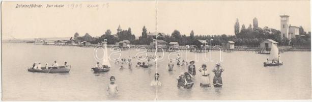 Balatonföldvár, part, csónak, fürdőzők, kiadja Gerendai Gyula, panoramacard (hajtásnál szakadt / bent til broken)