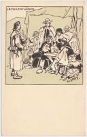 'Laczikonyhában' Kner Izidor kiadása / Hungarian folklore art postcard s: Garay