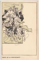 'Viszik az új menyecskét' Kner Izidor kiadása / Hungarian folklore art postcard s: Garay