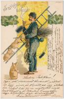 1899 New Year, chimney sweeper, pigs, clover litho (EB)