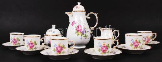 Hollóházi virág mintás mokkás készlet, matricás, jelzett, hibátlan