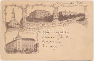 1896 (!) Kolozsvár, Erdő és pénzügyigazgatósági paloták, EMKE palota, Evangélikus református Theologia, Szent Ferenciek temploma, kiadja Kováts P. fia / palaces, theological institute, church Art Nouveau (fa)