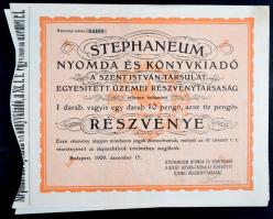Budapest 1926. "Stephaneum Nyomda és Könyvkiadó A Szent István-Társulat Egyesített Üzemei Részvénytársaság" részvénye 10P-ről, részvényekkel, szárazpecséttel T:II
