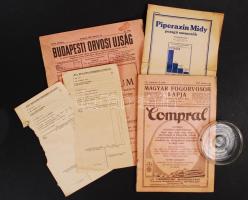 1929 A Budapesti Orvosi Újság, a Magyar Fogorvosok Lapjának egy-egy száma, valamint a Piperazin Midy pezsgőszemcsék ismertető füzete, 1 db Tannocarbon fém dobozka