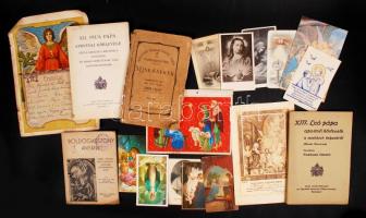 cca 1902-1943 Vallásos nyomtatványok, pápai körlevelek: XII. Pius és XIII. Leó pápa apostoli körlevele, miseénekek, Boldogasszony anyánk Máriás ájtatosság, néhány szentkép