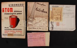 cca 1930-1940 Reklám nyomtatvány, számlák (Eichel Miksa, Voith Gottlieb, Wollner Károly, Atom elektromos vízmelegítő pohár)