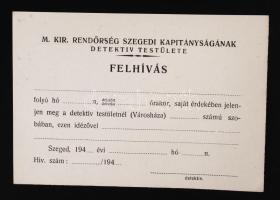 cca 1940 Magyar Királyi Rendőrség Szegedi kapitányságának Detektív Testületének levelező lapja