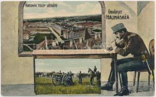 Hajmáskér, Katonai telep, levelet író katona, ágyú, kiadja Szelésy Mihály