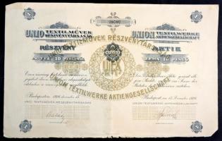 Budapest 1926. "Unio Textilművek Részvénytársaság" részvénye 10P-ről, szárazpecséttel és szelvényekkel T:II-