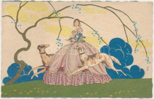 Italian art postcard, lady with sighthounds 'Ultra No. 2195.' litho