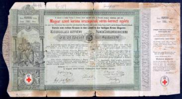 Budapest 1882. "Magyar szent korona országainak vörös-kereszt egylete" Kisorsolási kötvény 5Ft-ról + Budapest 1905. "Első Magyar Gazdasági Gépgyár-Részvény-Társulat" részvénye 200K-ról, szárazpecséttel, szelvényekkel, felülbélyegzésekkel T:IV,II-