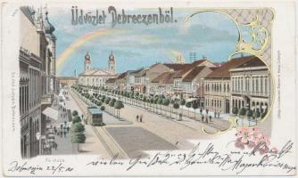 Debrecen, villamos, templom, Art Nouveau, litho, Szabó István kiadása (EK)