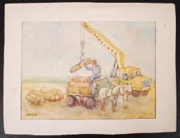 Bánszki Tamás: Mezei munka. Papír, akvarell, jelzett, paszpartuban, 30x21 cm