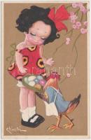 Italian art postcard, girl with rooster, Ballerini & Fratini s: Chiostri (EK)
