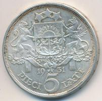 Lettország 1931. 5L Ag T:2 Latvia 1931. 5 Lati Ag C:XF Krause KM# 9