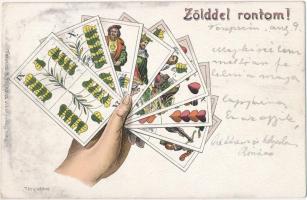 'Zölddel rontom!' magyar kártyás képeslap, kiadja Ferenczi B. / Tell playing cards, litho